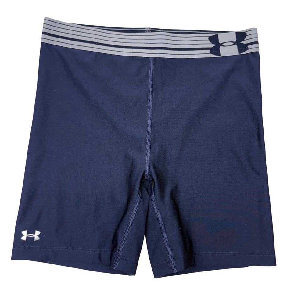 Under Armour Womens HeatGear Compression Shorts Navy Blue Grey Striped Waistband